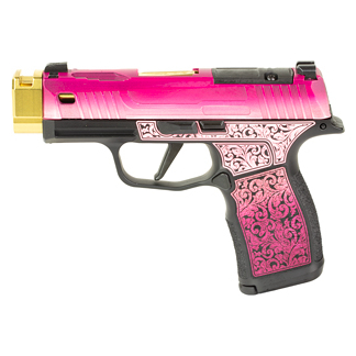 Pink Nerf-style toy blaster with a gold muzzle and intricate floral pattern on the grip.