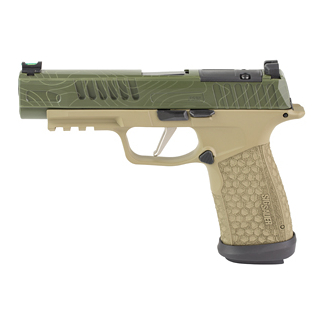 Semi-automatic pistol with tan textured grip and green camo slide on a white background.
