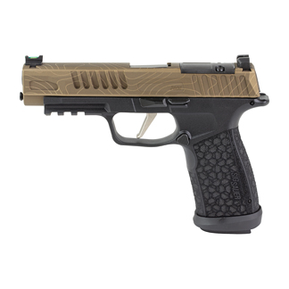Semi-automatic pistol with a tan slide and black textured grip, shown in right-side profile.