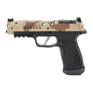 Side view of a desert camouflage semi-automatic pistol with a black textured grip and rail system on the frame.