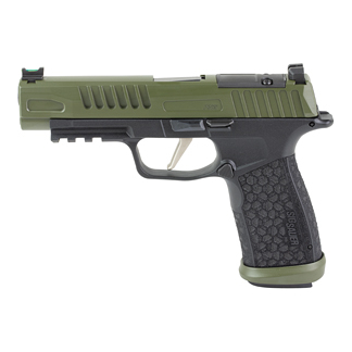 Semi-automatic pistol with an olive-green slide and black textured grip.