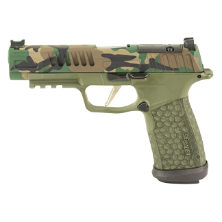 Camouflage-pattern semi-automatic pistol with an olive-green frame and textured grip.