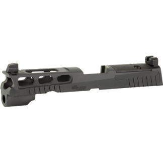 Gray pistol slide with rear sights and cutouts, shown from the side.