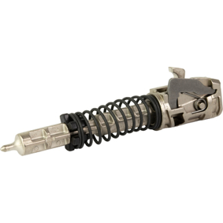 Automotive fuel injector core with a coiled spring and metal housing