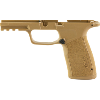 Tan polymer pistol frame with grip and trigger guard, missing slide and barrel.