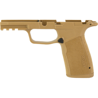 Tan-colored handgun frame with grip and trigger guard, missing barrel and slide.