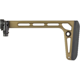 Tan adjustable rifle buttstock with rubber butt pad, shown from the side (AR-style).