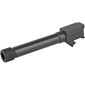Black cylindrical rifle suppressor (silencer) attached to a muzzle with a threaded end and mounting collar.