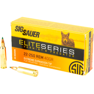 SIG SAUER Elite Series .22-250 Rem ammunition box with two 40-grain rounds beside it.
