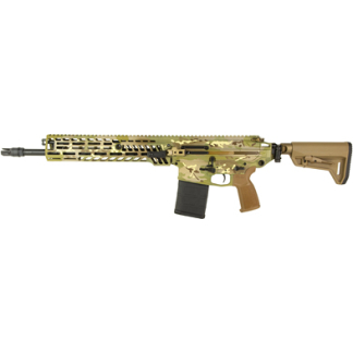AR-style assault rifle with tan camouflage finish, long quad-rail handguard, and black curved magazine.