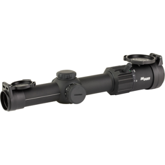 Black rifle scope with adjustment dials, two lens caps, and a matte finish.
