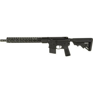 Black AR-15 style semi-automatic rifle with a long handguard, Picatinny rail, detachable magazine, and adjustable stock.