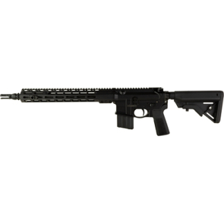 Black modern tactical rifle with adjustable stock and quad-rail handguard, shown from left side under plain light background