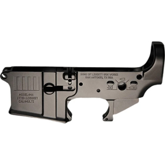 Black AR-style rifle lower receiver shown from the side, branded 'Sons of Liberty Gun Works'