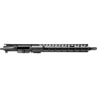 Black modern sporting rifle with a long modular handguard and Picatinny rails on a white background.