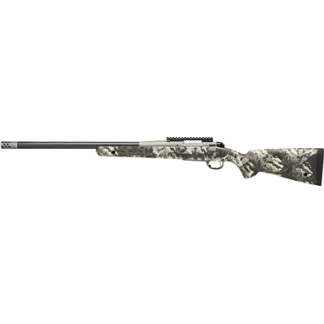 Side view of a camouflaged hunting rifle with a scope.