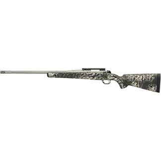 Camouflage-patterned bolt-action hunting rifle with a mounted scope, laid out horizontally.