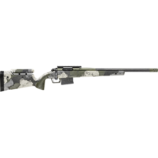 Camouflage-patterned rifle shown in profile with a detachable magazine and long barrel.