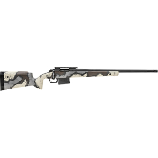 Camouflage-pattern bolt-action rifle with a long black barrel and rail mount.