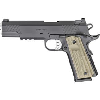 Side view of a semi-automatic pistol with a black slide and tan textured grip, shown pointing to the right.