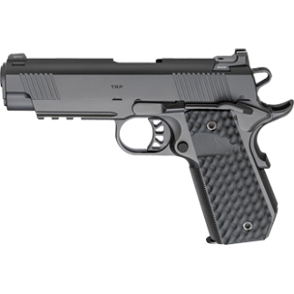 Side view of a black semi-automatic pistol with a textured grip (handgun).