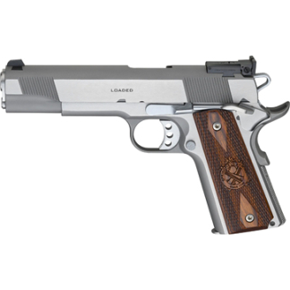 Left-side view of a semi-automatic pistol with a silver slide and brown wood grip, marked LOADED.