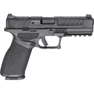 Side view of a modern semi-automatic pistol with a textured grip and serrated slide, marked BE206653 and Springfield Armory (9x19).