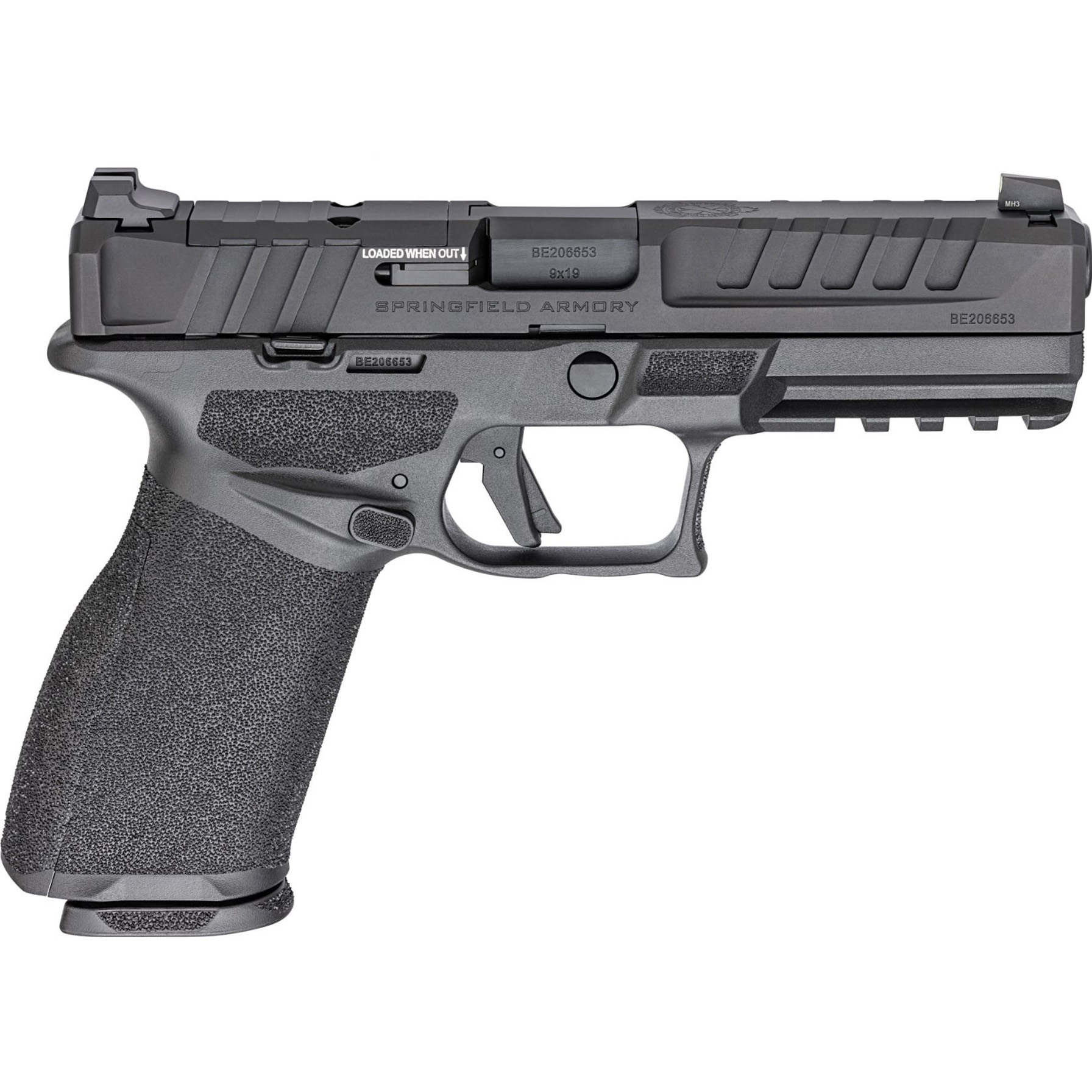 SPREC9459BCA-U_1jpg | ATFirearms Side view of a modern semi-automatic pistol with a textured grip and serrated slide, marked BE206653 and Springfield Armory (9x19).