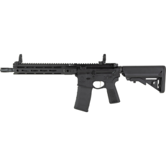 AR-style tactical rifle with a long handguard, front and rear sights, and a collapsible stock