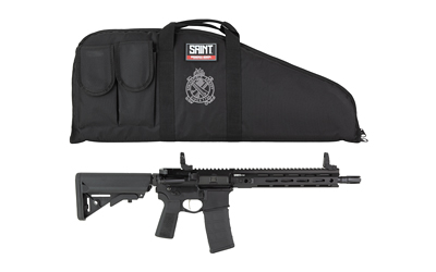 SPSTV9115556B-V2-B5_4jpg | ATFirearms Black tactical rifle with collapsible stock and rail system, shown next to a black soft firearm carrying case with patches.