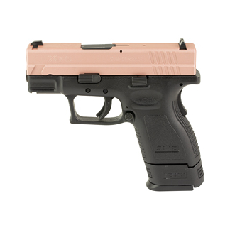 Compact handgun with a pink slide and black grip, shown in profile.