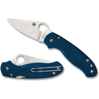 Blue textured folding pocket knife shown open and closed; open blade features a round thumb hole.