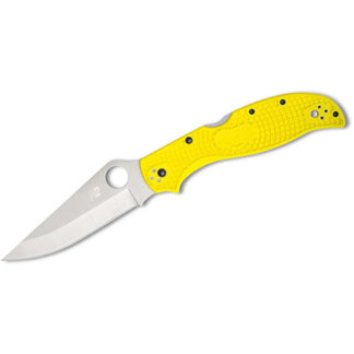 Yellow-handled folding knife with a partly extended silver blade.