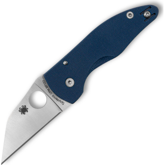 Close-up of a blue textured folding knife handle with metal blade and visible screws along the scales.