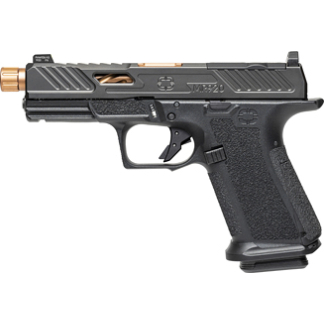 Black semi-automatic pistol with a textured grip and copper-colored muzzle, shown from the side with a visible magazine baseplate.