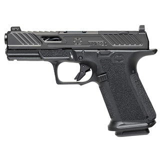 Black semi-automatic handgun with a textured grip, accessory rail, and an extended magazine baseplate.