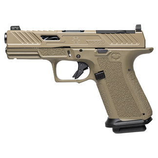 Left-side view of a tan semi-automatic pistol with textured grip and accessory rail on a white background.