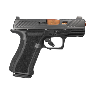 Compact semi-automatic pistol with a textured black grip and orange accent near the barrel, shown in side view