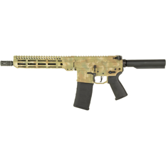 Tan camouflage AR-style rifle with a black curved magazine and a muzzle suppressor against a white background