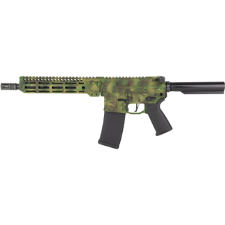 Camouflage AR-style rifle with quad-rail handguard, magazine installed, pistol grip, and black suppressor-style muzzle.