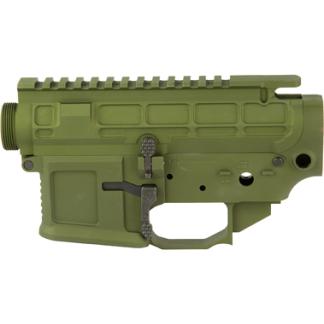 Olive green AR-15 style lower receiver with trigger, grip, and magazine-well area