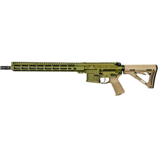 Tan modern assault rifle with a long quad-rail handguard and collapsible stock on a white background