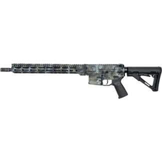 Camouflage-pattern semi-automatic rifle with a long rail, Picatinny handguard, and adjustable stock.