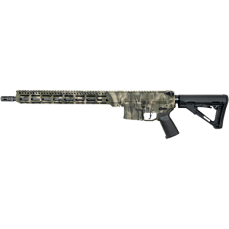 Camouflage-pattern AR-style tactical rifle with a long rail, quad-rail handguard, and collapsible stock.