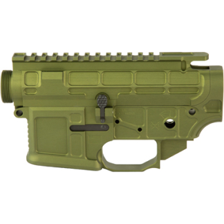 Olive green AR-style rifle lower receiver with top Picatinny rail and various controls visible.