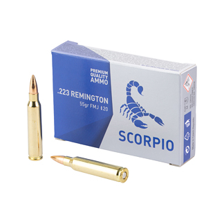 Box of Scorpio .223 Remington ammo with two gold bullets beside it, one upright and one lying down.