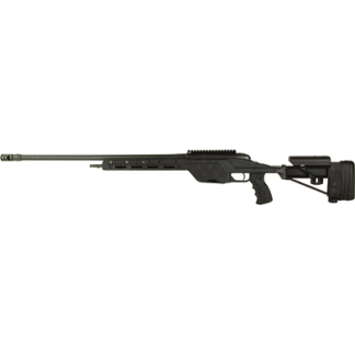 Black semi-automatic rifle with a long barrel, adjustable stock, pistol grip, and top/accessory rails