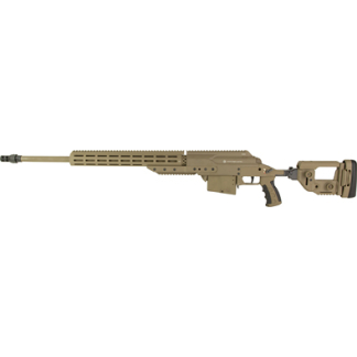 Tan modular assault rifle with long barrel, quad rails, and collapsible stock.