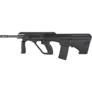 Black semi-automatic rifle with forward grip, rail on top, and detachable magazine.