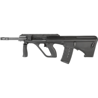 Black semi-automatic rifle with a detachable magazine and a foregrip viewed in profile.